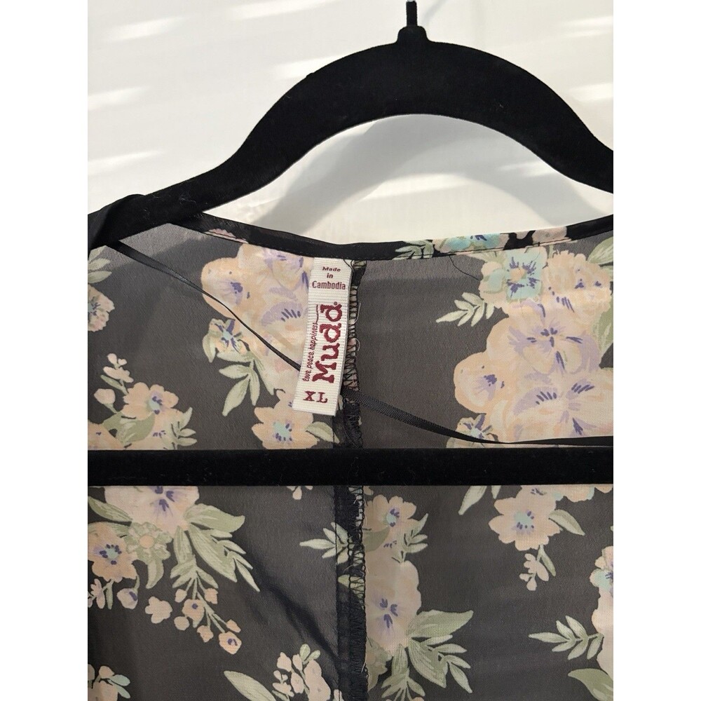 Mudd Sheer Floral Kimono Black Pink Boho Flowy Y2K Chiffon Duster Swim Cover Up - Picture 5 of 8